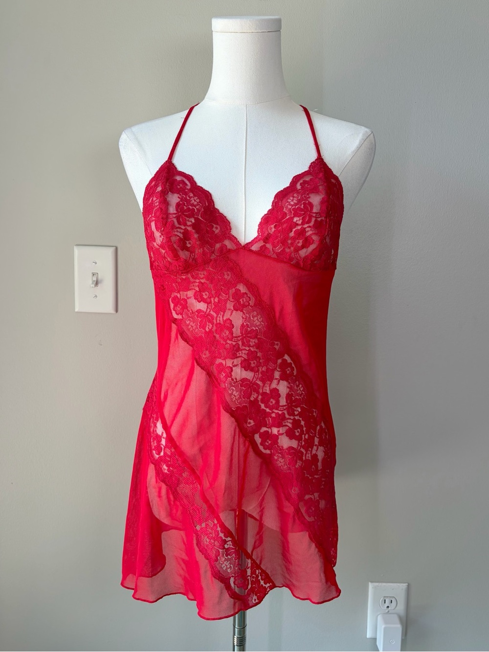 Frederick’s of Hollywood Red Lace Mesh Slip Dress Top Lingerie Romantic Feminine